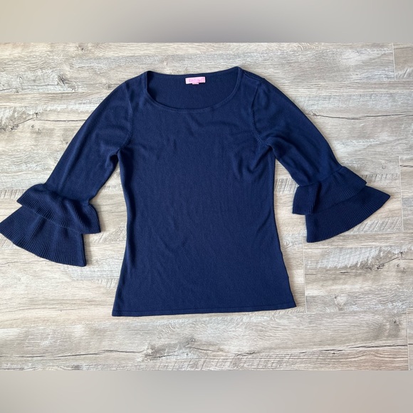 Lilly Pulitzer Clare Sweater 3/4 Ruffle Sleeves Navy Size Small - Picture 2 of 6